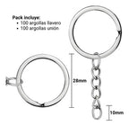 100 Argollas Para Llavero 28mm Con Cadena + Argolla Unión