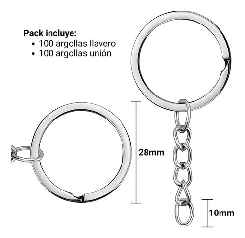 100 Argollas Para Llavero 28mm Con Cadena + Argolla Unión