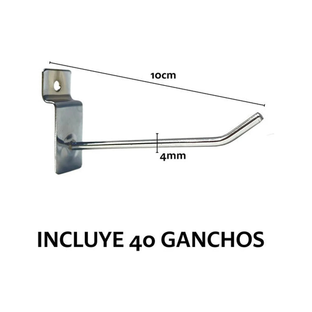 Exhibidor Desarmable P/mostrador 20x50cm + 40 Ganchos 10cm Blanco