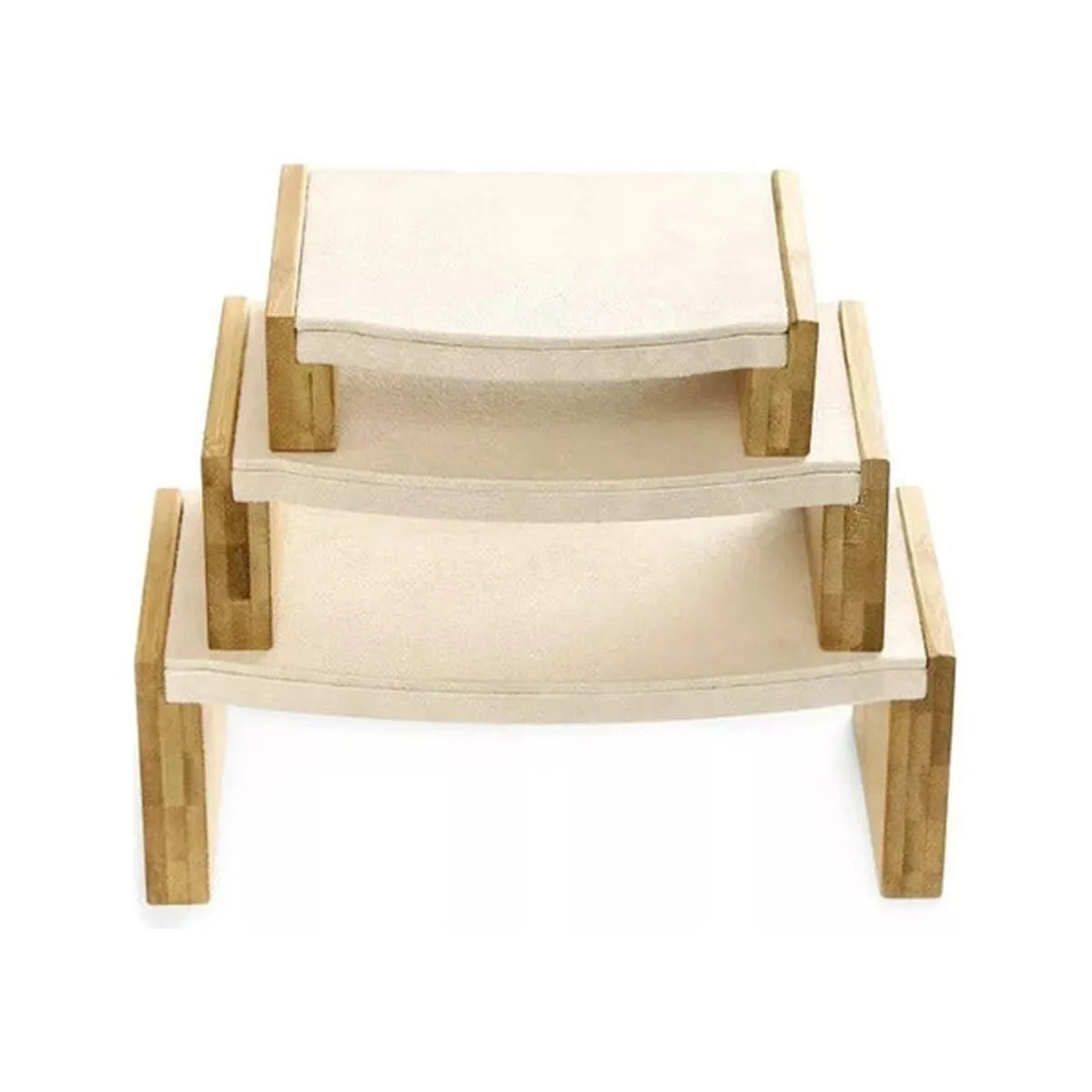 Exhibidor Tres Niveles Madera Con Bace Terciopelo Beige
