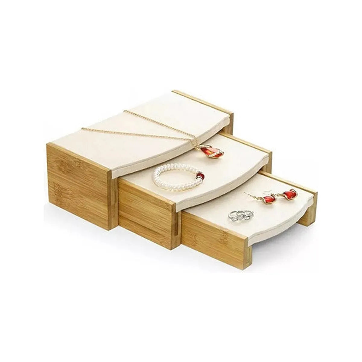 Exhibidor Tres Niveles Madera Con Bace Terciopelo Beige
