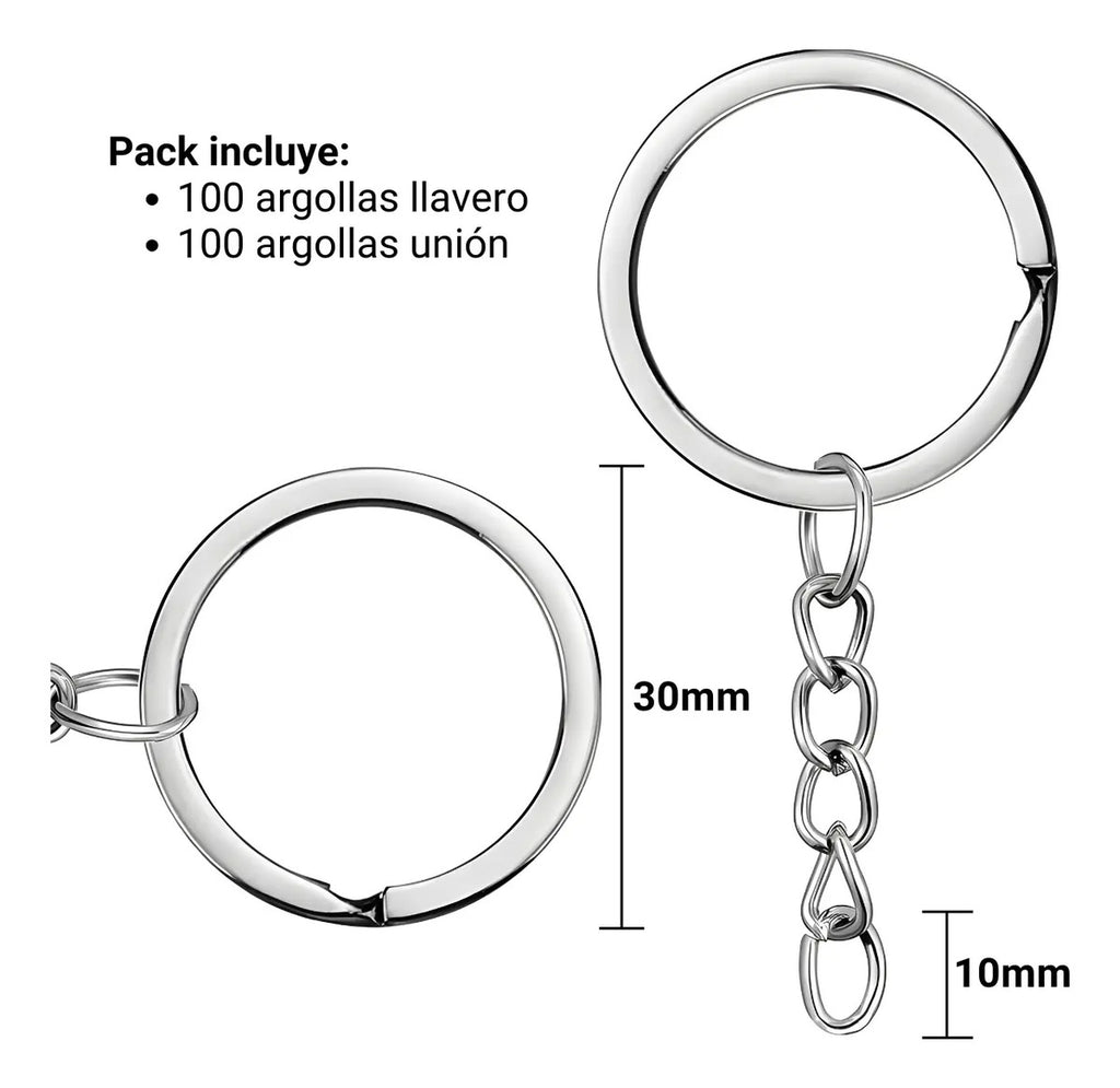 100 Argollas Para Llavero 30mm Con Cadena + Argolla Unión