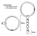 100 Argollas Para Llavero 30mm Con Cadena + Argolla Unión