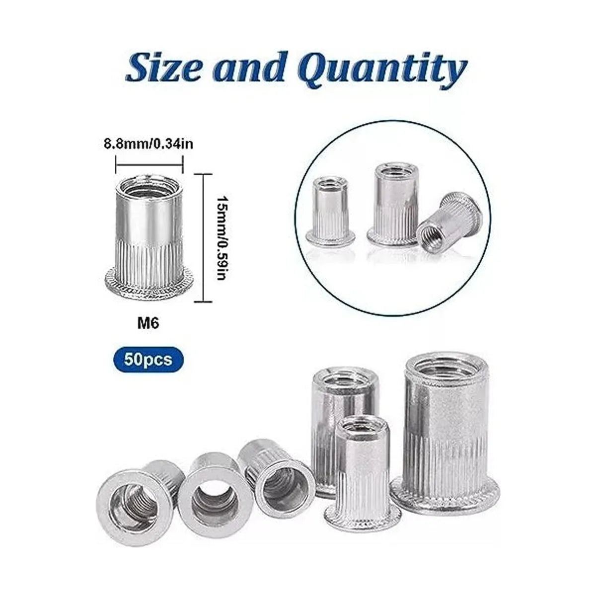Pack 50 Tuercas Remachable M6 Cabeza Plana